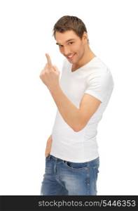 handsome man in white shirt making inviting gesture
