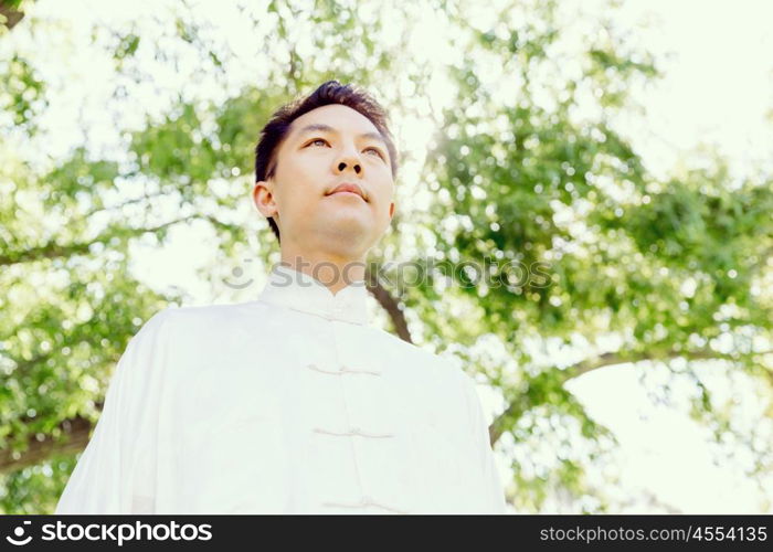 Handsome man practicing thai chi. Handsome man practicing thai chi in the park in the summertime