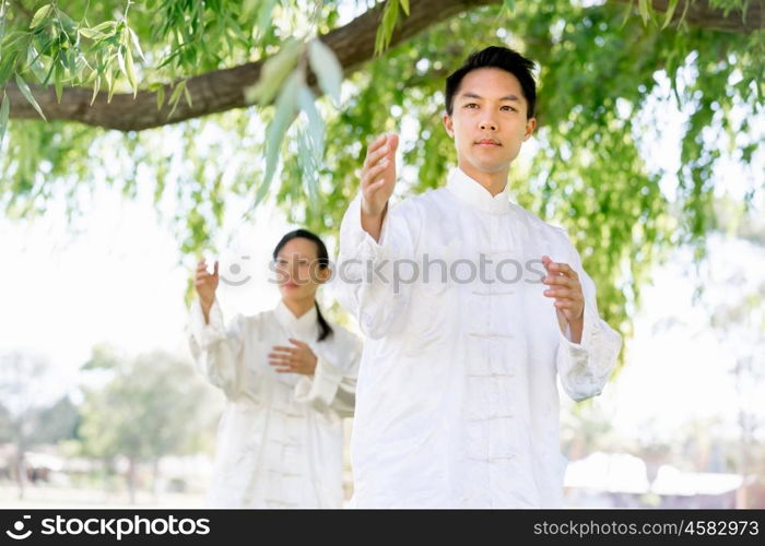 Handsome man practicing thai chi. Handsome man practicing thai chi in the park in the summertime