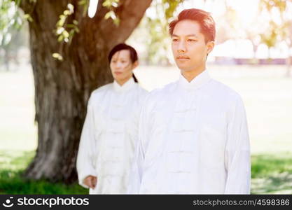 Handsome man practicing thai chi. Handsome man practicing thai chi in the park in the summertime