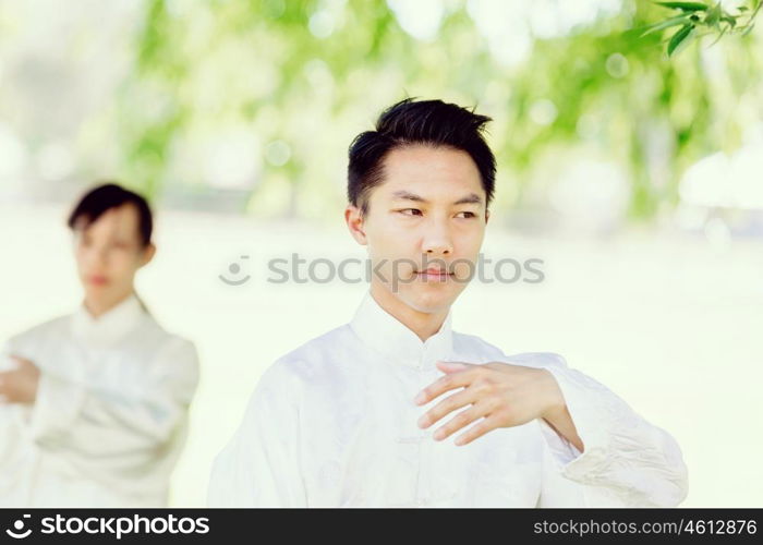 Handsome man practicing thai chi. Handsome man practicing thai chi in the park in the summertime