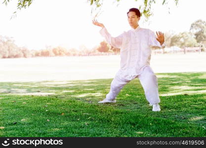 Handsome man practicing thai chi. Handsome man practicing thai chi in the park in the summertime