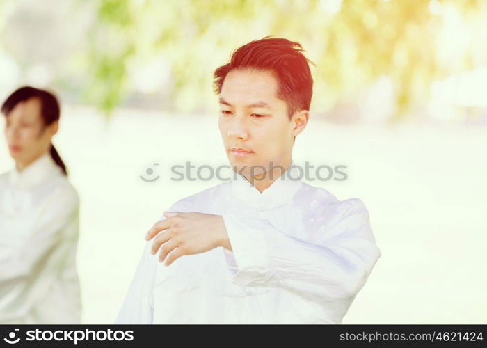 Handsome man practicing thai chi. Handsome man practicing thai chi in the park in the summertime