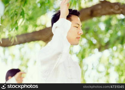 Handsome man practicing thai chi. Handsome man practicing thai chi in the park in the summertime