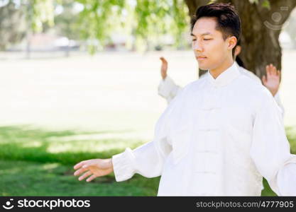 Handsome man practicing thai chi. Handsome man practicing thai chi in the park in the summertime