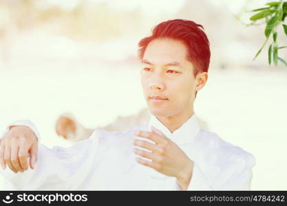 Handsome man practicing thai chi. Handsome man practicing thai chi in the park in the summertime