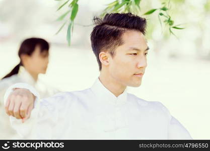 Handsome man practicing thai chi. Handsome man practicing thai chi in the park in the summertime