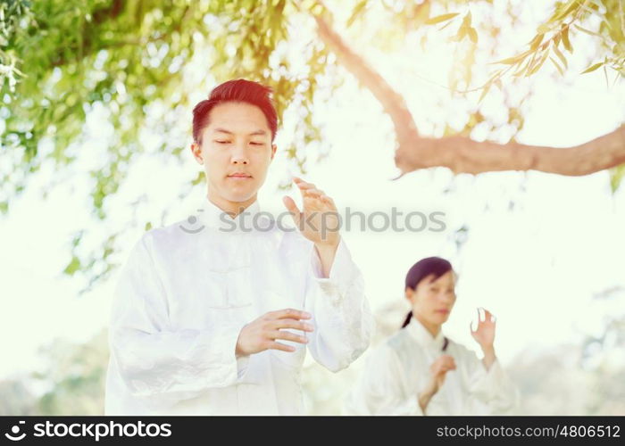 Handsome man practicing thai chi. Handsome man practicing thai chi in the park in the summertime