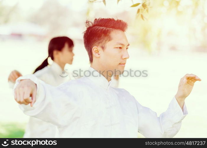 Handsome man practicing thai chi. Handsome man practicing thai chi in the park in the summertime