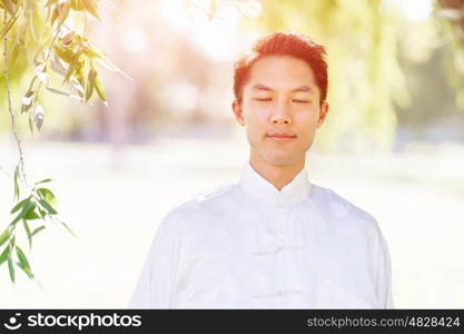 Handsome man practicing thai chi. Handsome man practicing thai chi in the park in the summertime