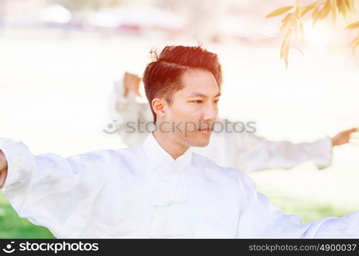 Handsome man practicing thai chi. Handsome man practicing thai chi in the park in the summertime