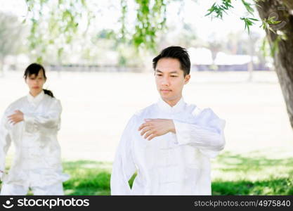 Handsome man practicing thai chi. Handsome man practicing thai chi in the park in the summertime