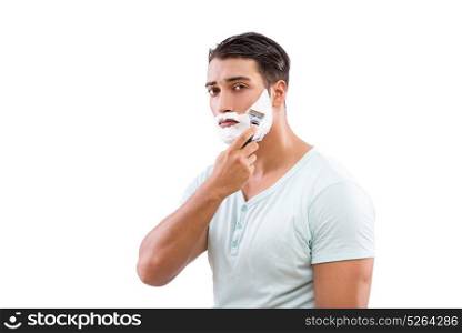 Handsome man shaving isolated on white
