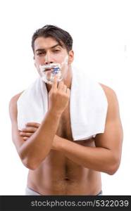 Handsome man shaving isolated on white