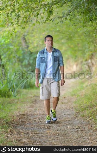 handsome man walking on forest path