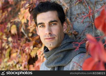 Handsome man with blue eyes wearing winter clothes in autumn leaves background. Young male with swater and scarf.