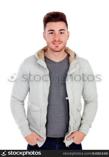 Handsome man with grey jersey. Handsome man with grey jersey isolated on a white background