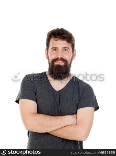 Handsome man with long beard wearing black t-shirt isolated on white