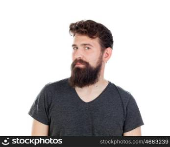 Handsome man with long beard wearing black t-shirt isolated on white