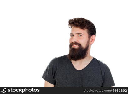 Handsome man with long beard wearing black t-shirt isolated on white