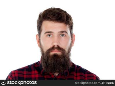 Handsome man with long beard wearing checkered shirt isolated on white