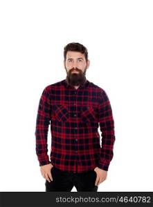 Handsome man with long beard wearing checkered shirt isolated on white