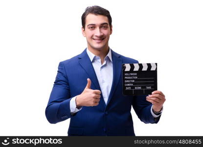 Handsome man with movie clapper isolated on white