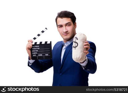 Handsome man with movie clapper isolated on white