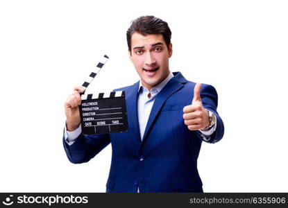 Handsome man with movie clapper isolated on white