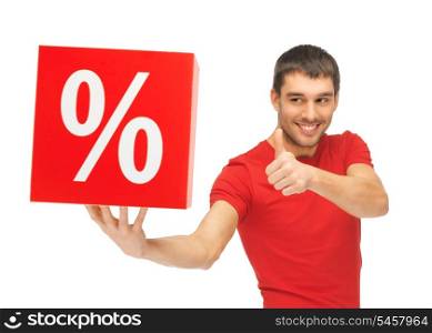 handsome man with percent sign showing thumbs up