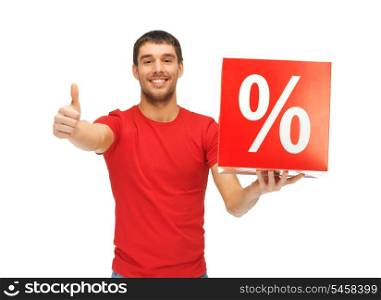 handsome man with percent sign showing thumbs up
