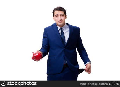 Handsome man with piggybank isolated on white