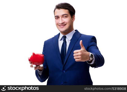 Handsome man with piggybank isolated on white