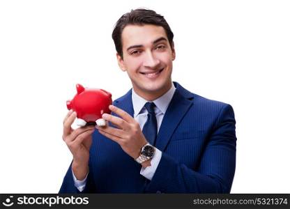 Handsome man with piggybank isolated on white