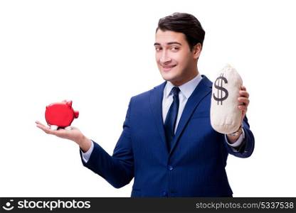 Handsome man with piggybank isolated on white