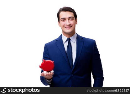 Handsome man with piggybank isolated on white