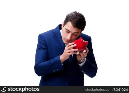 Handsome man with piggybank isolated on white