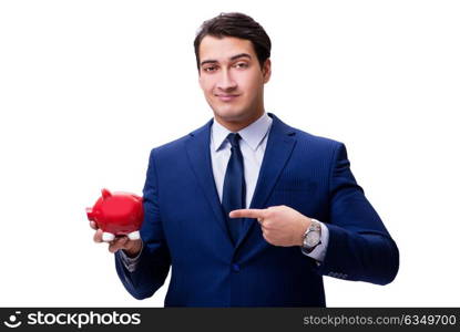 Handsome man with piggybank isolated on white