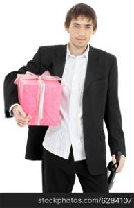 handsome man with pink wrapped gift and bottle of wine