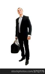 Handsome man with travelling bag. Isolated over white.