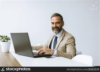 Handsome mature businessman in classic suit  using a laptop while working in his office