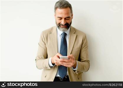 Handsome mature businessman using mobile phone in the office