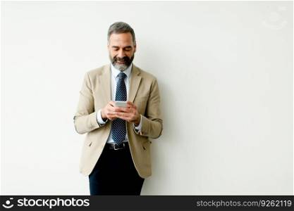 Handsome mature businessman using mobile phone in the office