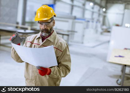 Handsome mature engineer looking at a plan in the factory