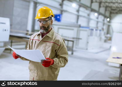 Handsome mature engineer looking at a plan in the factory