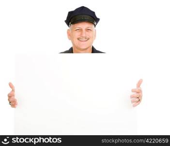 Handsome mature police officer (or security guard) holding a blank white sign. Isolated on white and ready for your text.