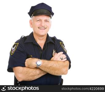 Handsome mature police officer smiling in his uniform. Isolated on white.