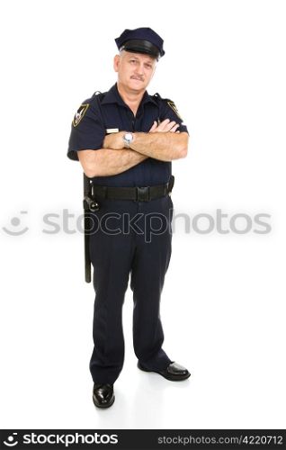 Handsome mature policeman in uniform. Full body isolated on white.