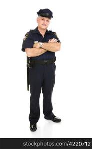 Handsome mature policeman in uniform. Full body isolated on white.