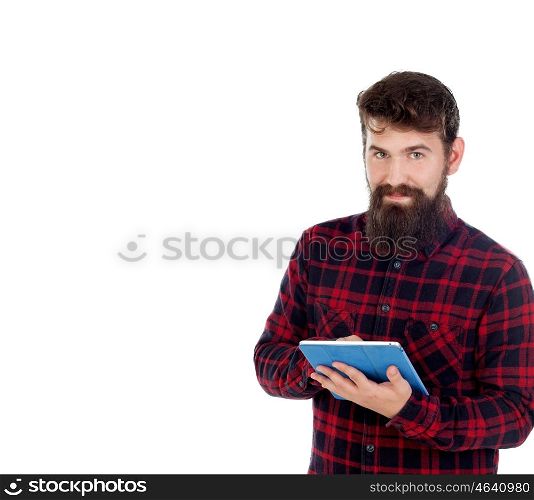 Handsome men wearing checkered shirt with a tablet isolated on a white background